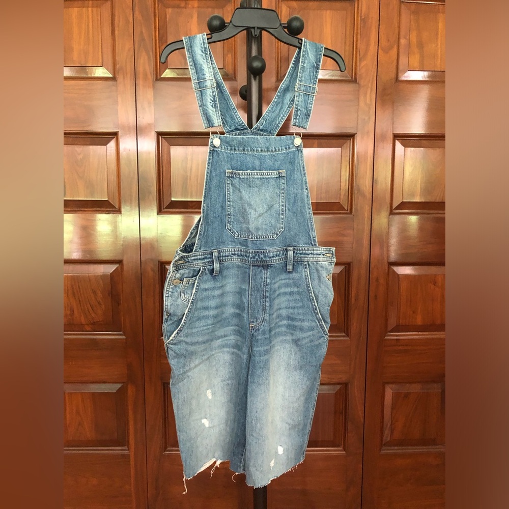Lucky Brand Denim Short Overalls Womens XL Distressed Light Wash Raw Hem